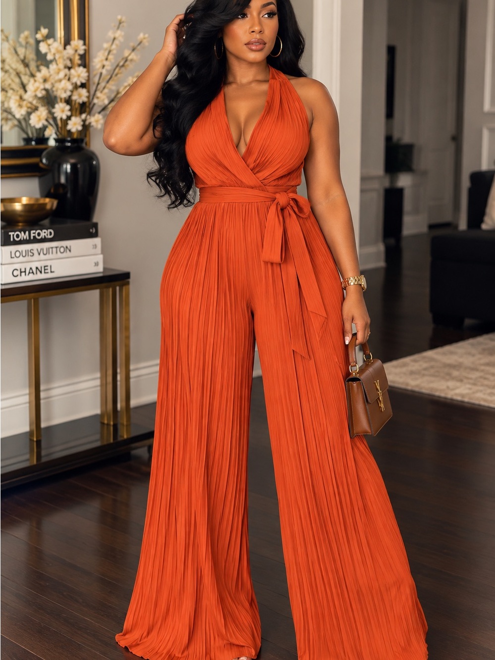 Halter Plissé Wide-Leg Jumpsuit in Orange